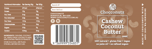 Chocconutz Cashew Coconut Butter label with nutritional information, ingredients, and branding details.