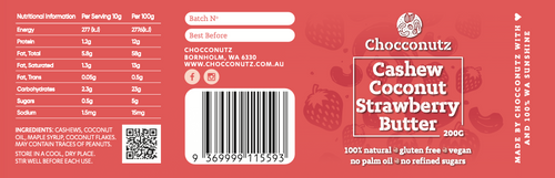 Label of Chocoonutz Cashew Coconut Strawberry Butter with nutritional information and branding details.