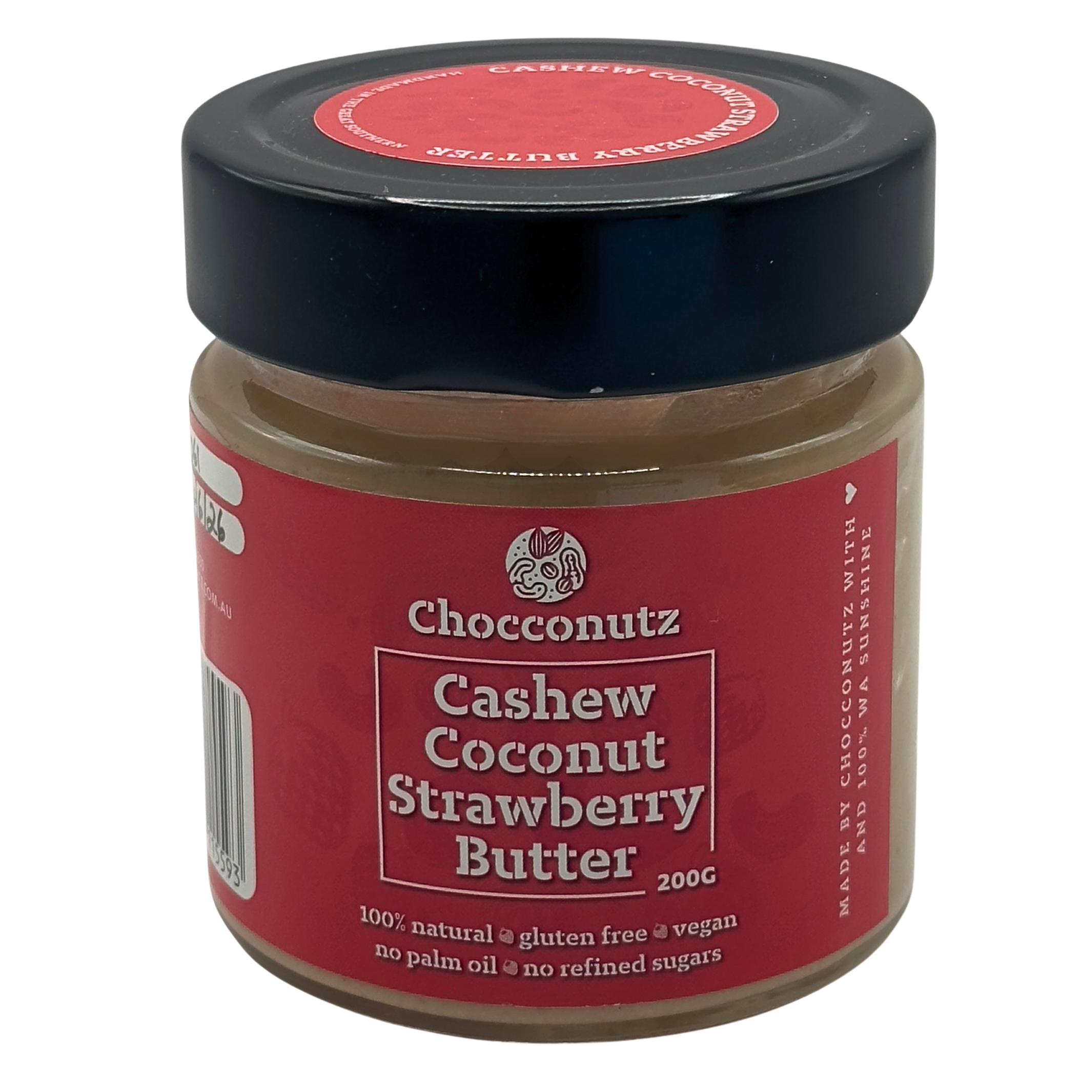 Jar of Chocconutz Cashew Coconut Strawberry Butter on a white background to buy online