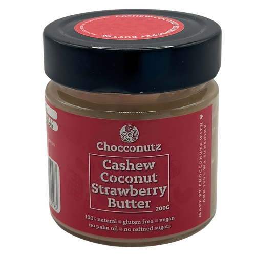 Jar of Chocconutz Cashew Coconut Strawberry Butter on a white background to buy online