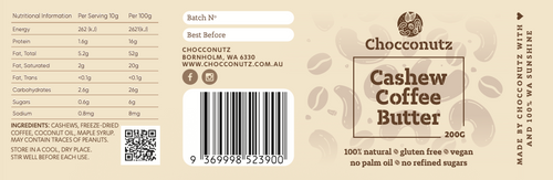 Chocconutz Cashew Coffee Butter label with nutritional information, ingredients, and branding details.