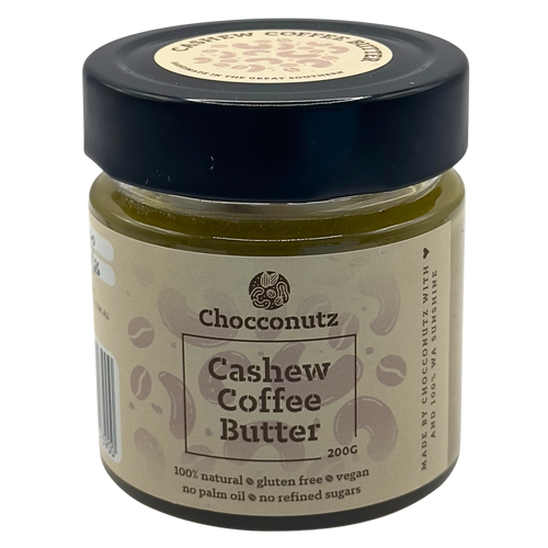 Jar of Chocconutz Cashew Coffee Butter on a white background to buy online