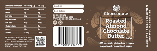 Chocconutz Roasted Almond Chocolate Butter label with nutritional information and branding details.