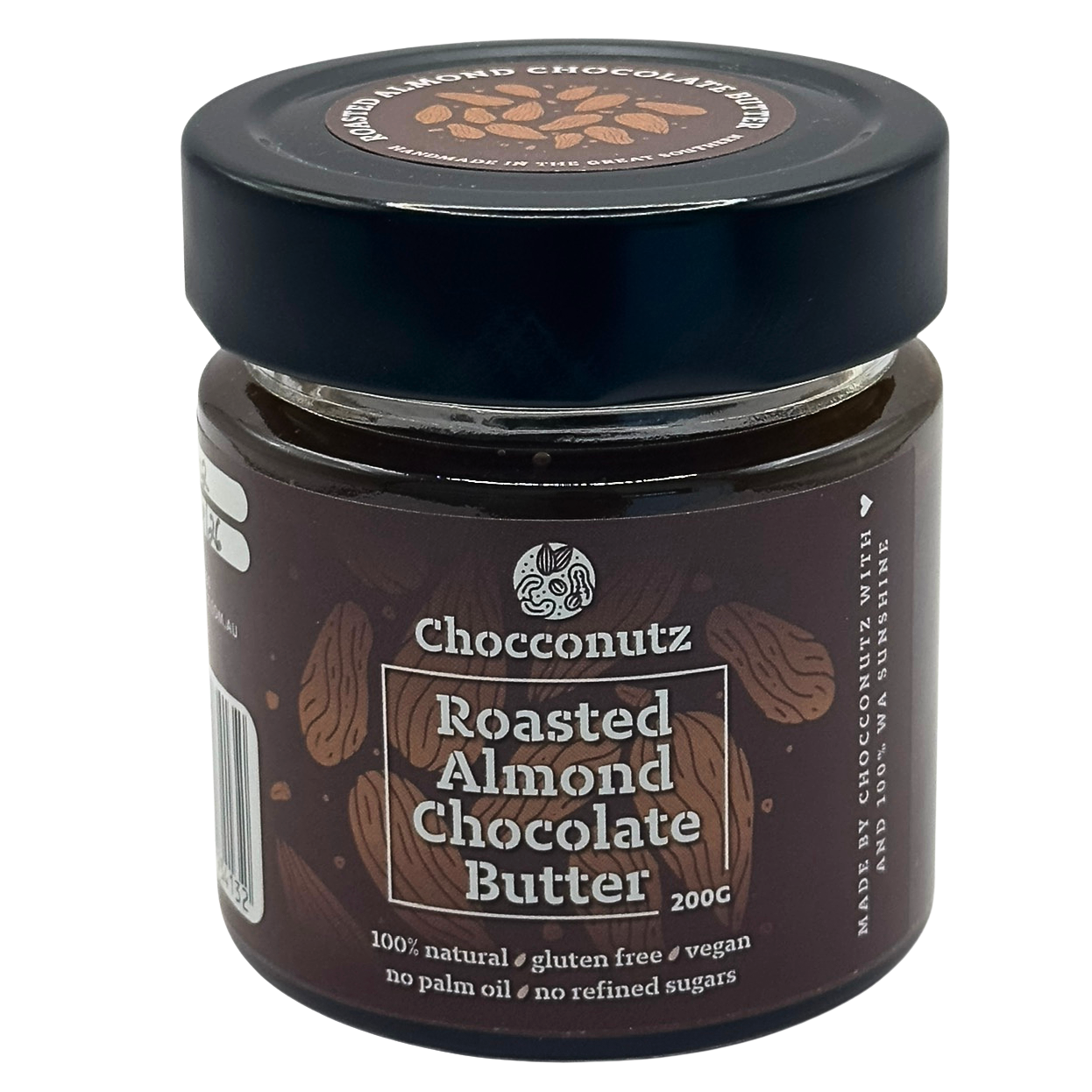 Jar of Chocconutz Roasted Almond Chocolate Butter on a white background to buy online