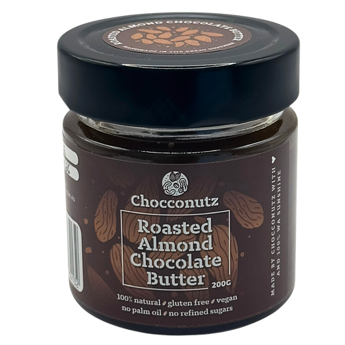 Jar of Chocconutz Roasted Almond Chocolate Butter on a white background to buy online