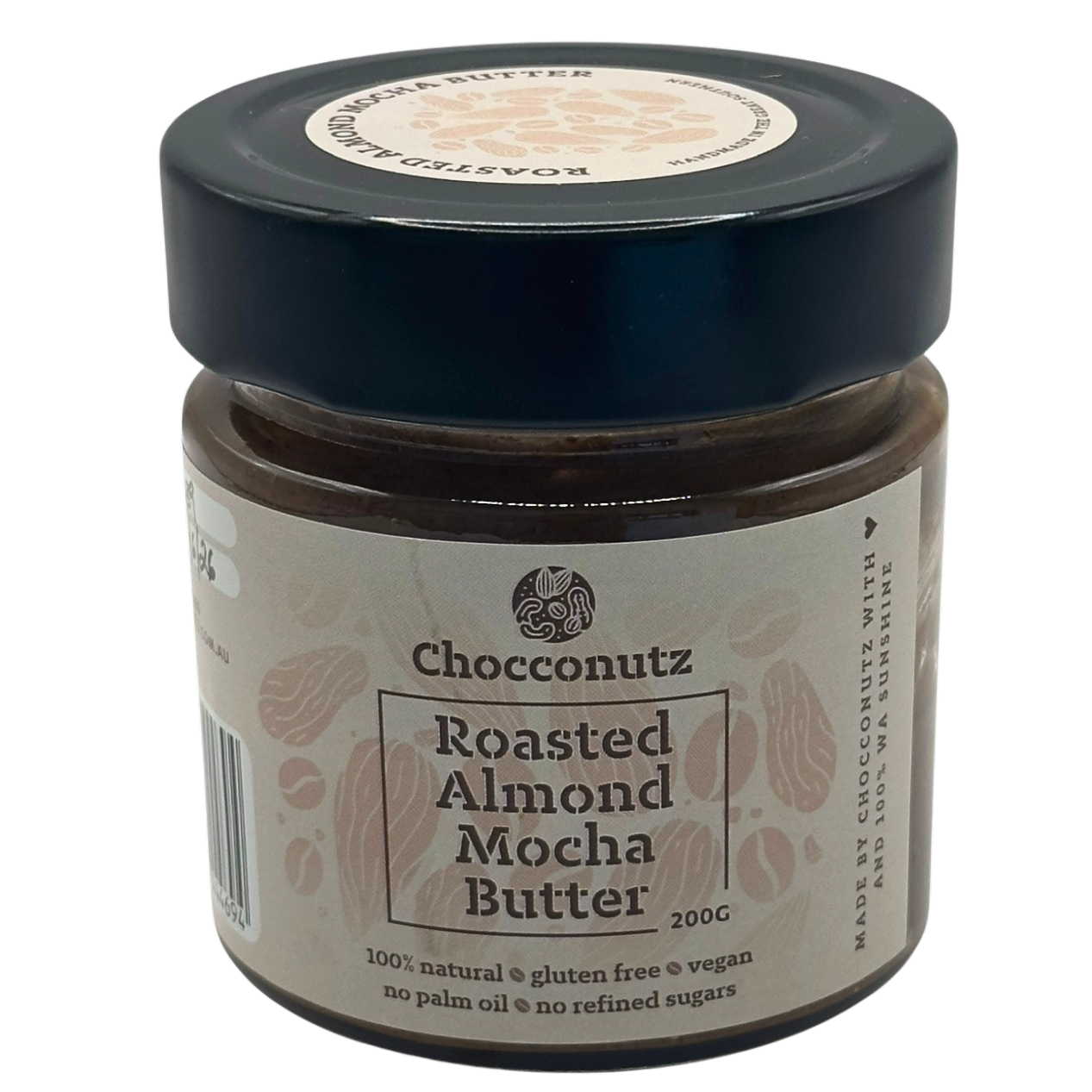 Jar of Chocconutz Roasted Almond Mocha Butter on a white background to buy online