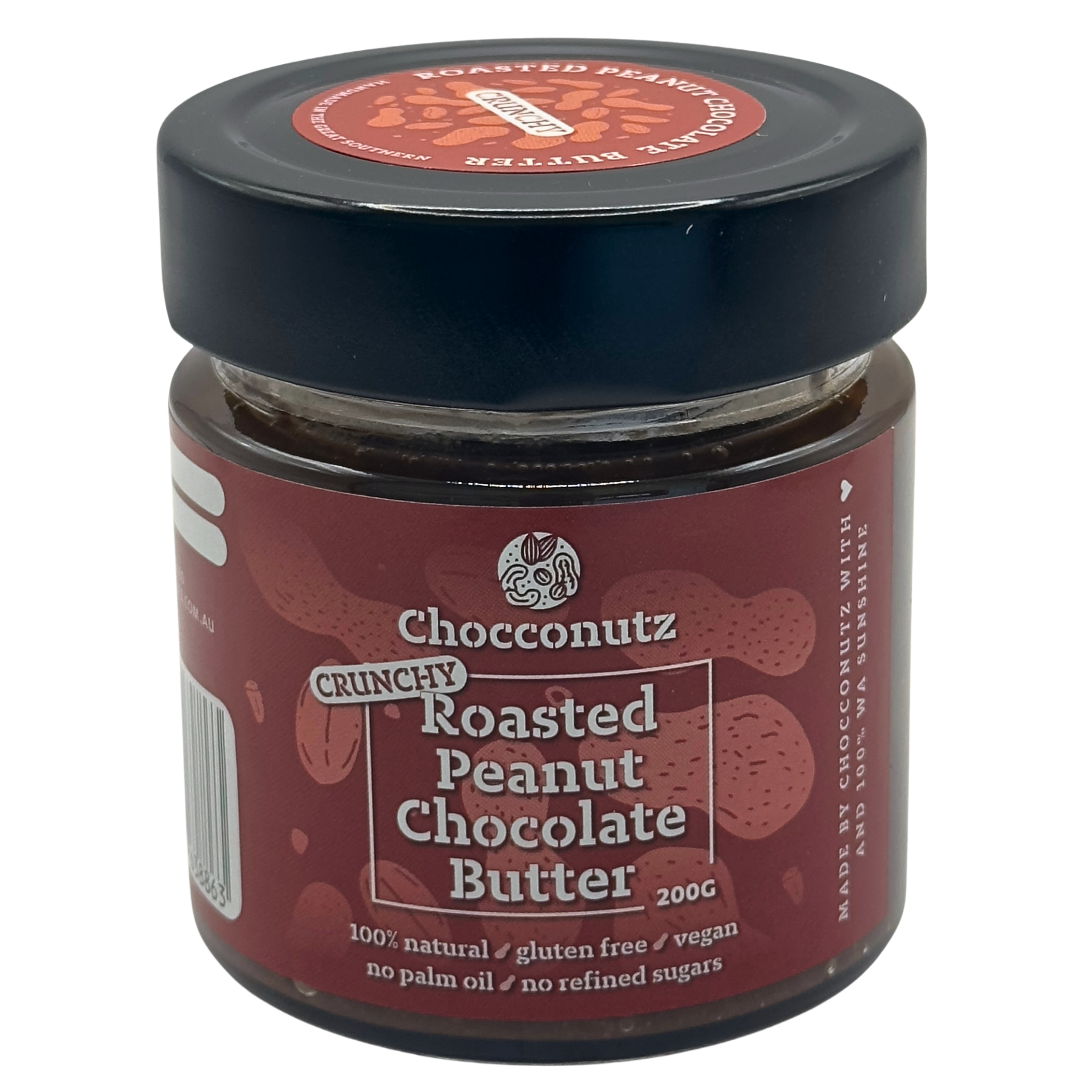 Jar of Chocoonutz Crunchy Roasted Peanut Chocolate Nut Butter on a white background to buy online
