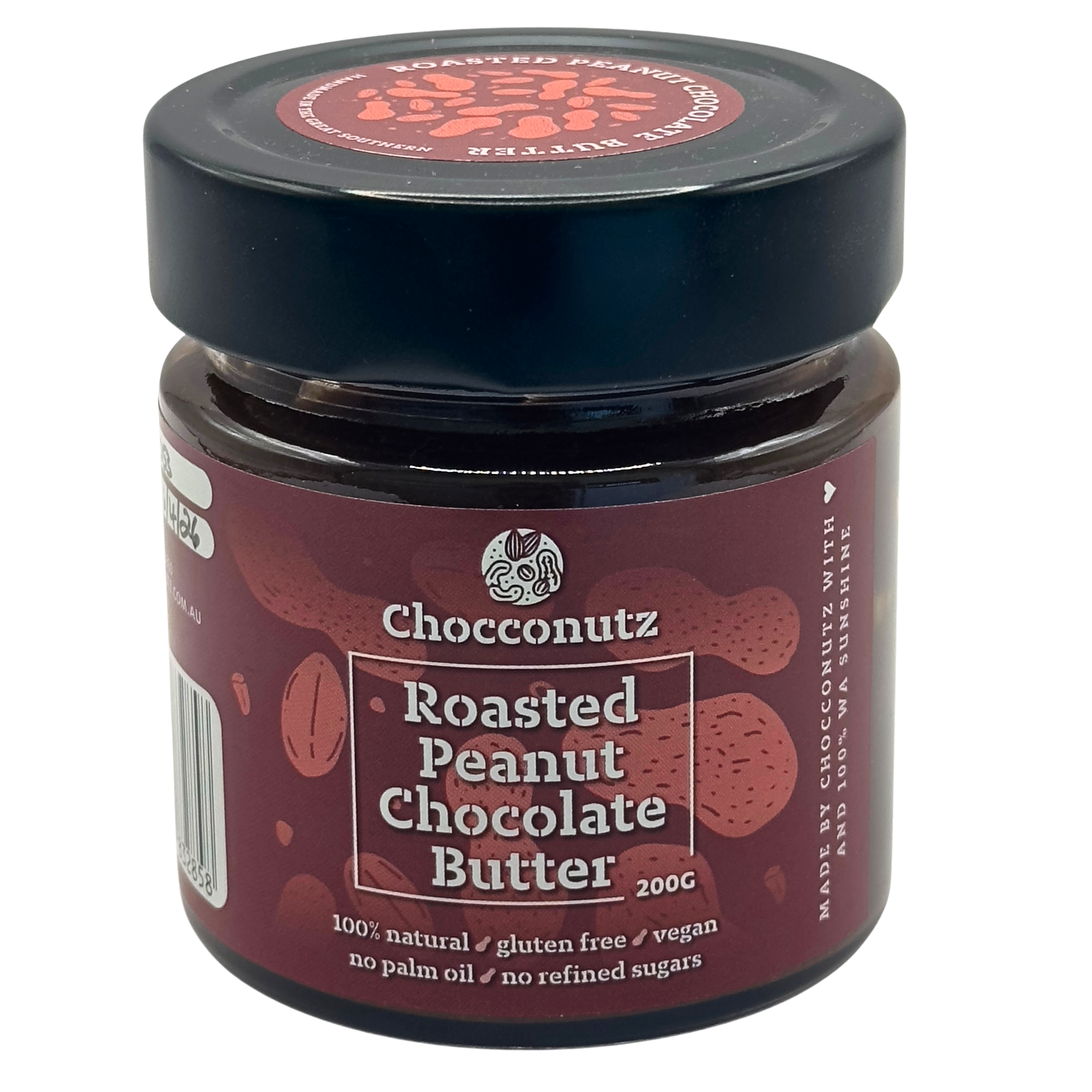 Jar of Chocconutz Roasted Peanut Chocolate Butter on a white background to buy online
