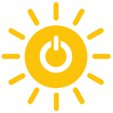 Yellow sun icon with a white power symbol in the center on a white background